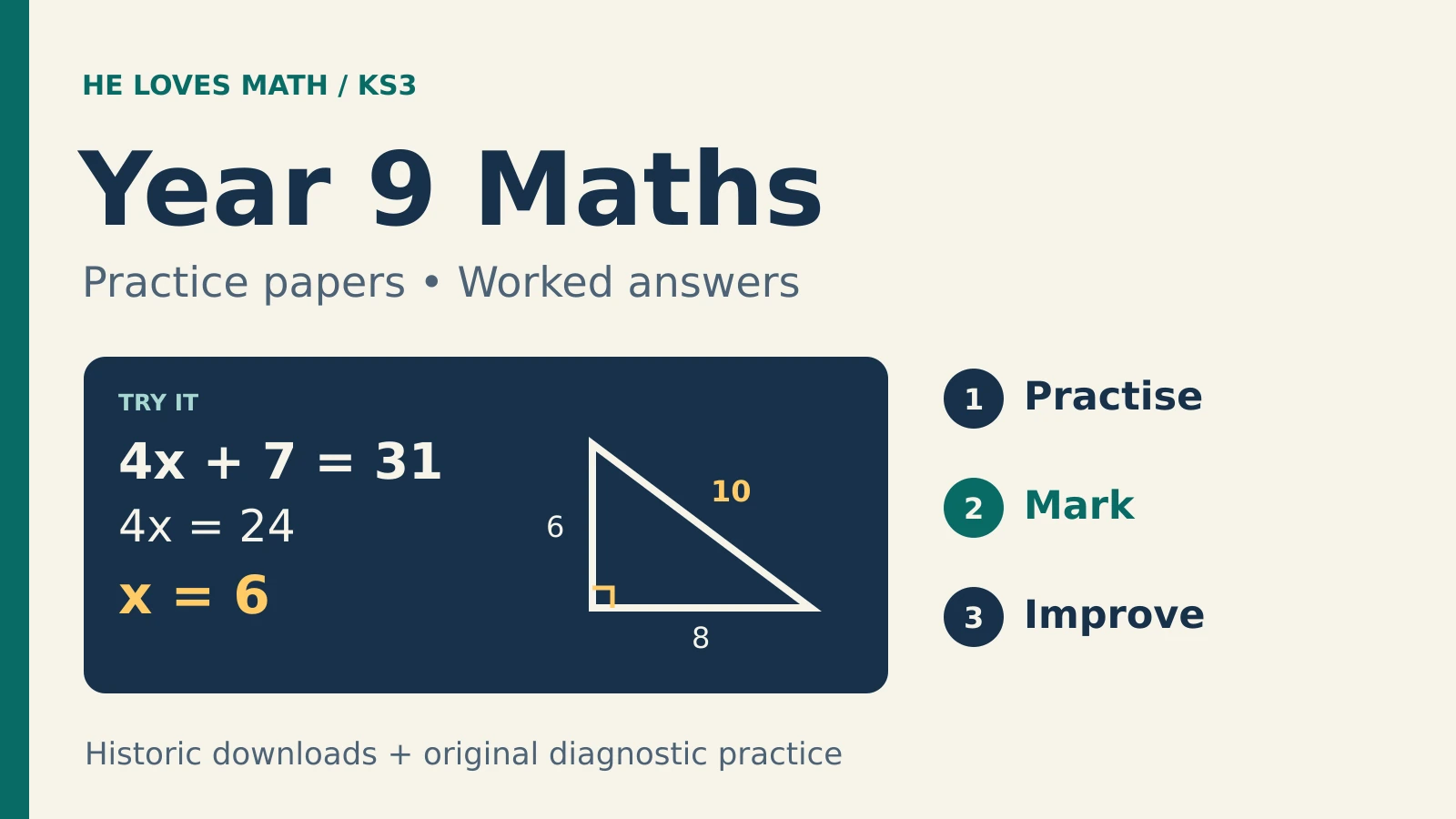 Year 9 maths practice: solving 4x plus 7 equals 31 gives x equals 6; a right triangle has side lengths 6, 8 and 10. Practise, mark and improve.
